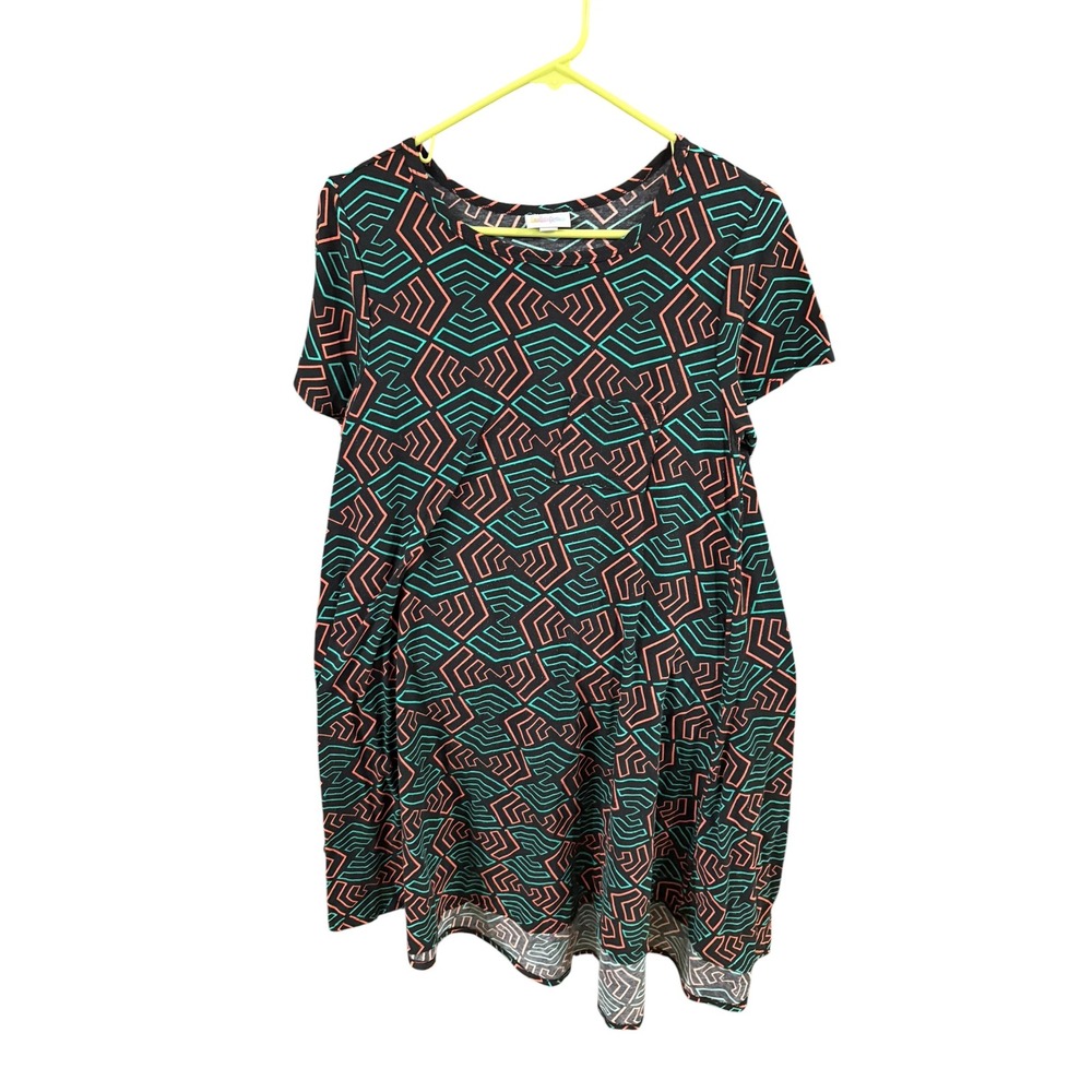 LuLaRoe Carly‎ Dress Womens Small S Black Geometric Teal Coral High Low Swing
